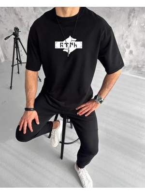 Veralya Moda Unisex Bisiklet Yaka Baskılı Double Oversize T-Shirt - Siyah