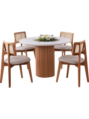 Dekorew Zahara Masa 4 Sandalyeli Takım 100CM Yuvarlak Tabla-Gürgen Ağacı-Bohem Tarz-Inegöl Mobilyası