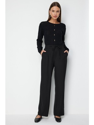 On Kadın Çimalı Bağcıklı Bol Paça Pantolon 78106 Siyah