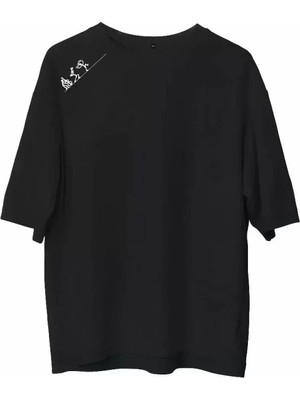 Veralya Moda Unisex Bisiklet Yaka Baskılı Oversize T-Shirt - Siyah