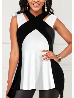 Veralya Moda Kadın Askılı Boyundan Çapraz Halter Yakalı Çift Renkli Viskon Bluz