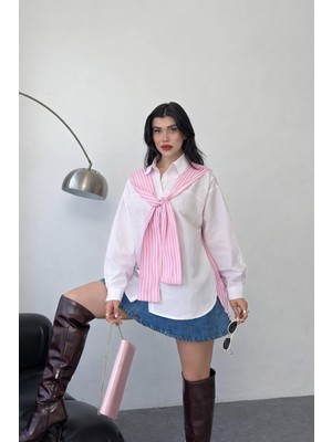 ribana Kadın Atkı Detay Uzun Kollu Terry Cotton Çizgili Gömlek 3201