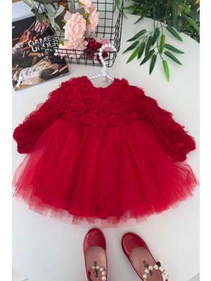 Miniğimin Cicileri Gül Desenli Kız Çocuk Uzun Kol Abiye Elbise - Kırmızı