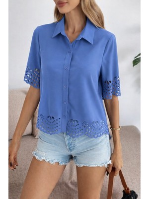 Veralya Moda Kadın Kısa Kollu Yakalı Önden Düğmeli Dubai Gömlek Bluz