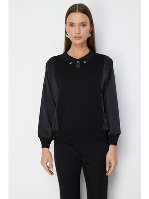 On Kadın Mix Kumaş Yakalı Bluz 70510 Siyah