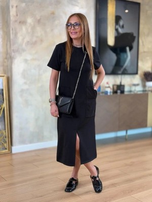 Veralya Moda Kadın Kısa Kollu Bisiklet Yakalı Cepli Önden Yırtmaçlı Viskon Iki Iplik Midi Elb