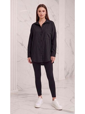 Stilera Kadın Keten Gömlek Cep Detaylı Oversize Standart Beden Yazlık