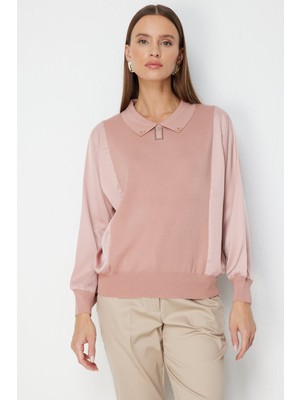 On Kadın Mix Kumaş Yakalı Bluz 70510 Pudra