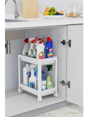 Calperia 2 Katlı Tekerlekli Beyaz Banyo Mutfak Rafı