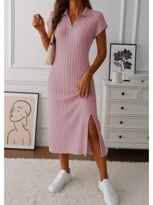 Veralya Moda Kadın Kısa Kollu Yakalı Yandan Yırtmaçlı Kalın Fitilli Kaşkorse Elbise