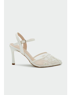 Laminta Tanya Inci Işleme Detaylı Ivory Kadın Topuklu Ayakkabı