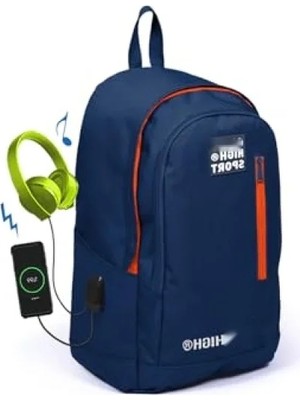 Calperia Üç Bölmeli USB Şarjlı Kulaklık Çıkışlı Sırt Çantası - Lacivert