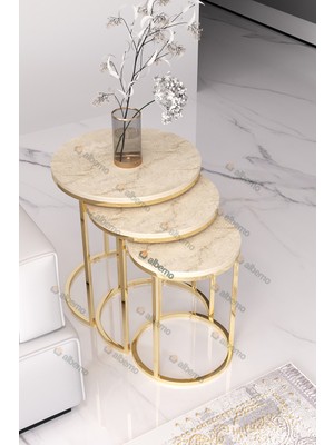 Usta Mekan Usta Gold Metal Traverten Mermer Desen Ahşap Tablalı 3 Lü Zigon Sehpa