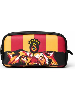 Galatasaray Lisanslı Aslan Gözü Desenli Çift Bölmeli Kalemlik - Rubber Logolu Su Itici Kumaşlı Kalem Kutusu