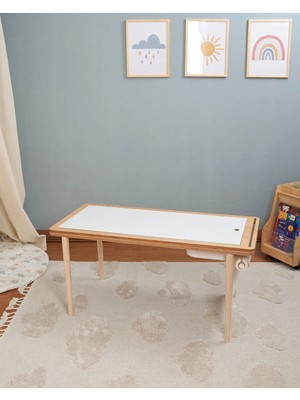 Muyuru Montessori Çocuk Aktivite Masası Huş Ahşap 3 Sepetli Beyaz/kara Yazı Tahtalı