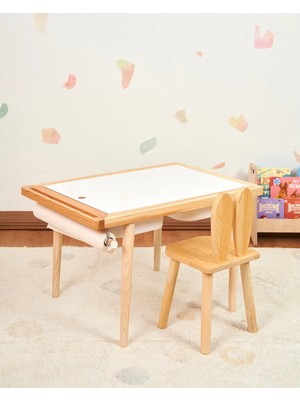 Muyuru Montessori Çocuk Aktivite Masası Çam Ahşap 2 Sepetli Beyaz/kara Yazı Tahtalı ve 1 Sandalyeli