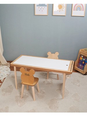 Muyuru Montessori Çocuk Aktivite Masası Huş Ahşap 3 Sepetli Beyaz/kara Yazı Tahtalı ve Isimli 2 Sandalyeli
