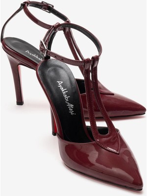 Ayakkabı Ateşi Kadın Bordo Rugan Sivri Burun T-Bantlı Tasarım Topuklu Ayakkabı - Stiletto Stilo