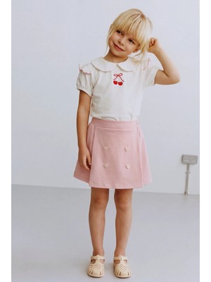 Magu Kız Çocuk Pamuklu Pembe Kiraz Nakışlı Bluz Etek Takım