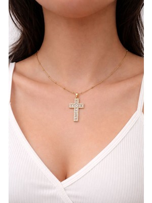 Ascera Taşlı Haç Kolye – 316L Çelik Kolye Gold Renk Kararmayan Unisex Model