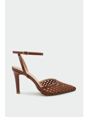 Laminta Erich Örgü Detaylı Kadın Taba Topuklu Ayakkabı