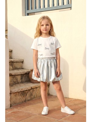 Minipodyum Kız Çocuk Alt Üst Takım Yazlık Parlak Gümüş Balon Etekli