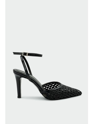Laminta Erich Örgü Detaylı Kadın Siyah Topuklu Ayakkabı