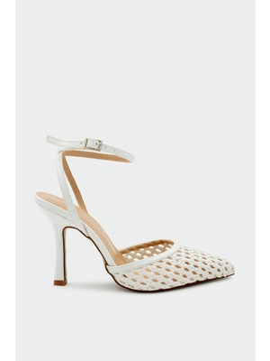 Laminta Erich Örgü Detaylı Kadın Beyaz Topuklu Ayakkabı