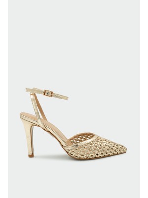 Laminta Erich Örgü Detaylı Kadın Gold Topuklu Ayakkabı