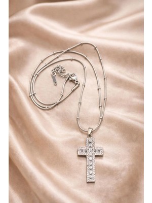 Ascera Taşlı Haç Kolye – 316L Çelik Gümüş Renk Kararmayan Unisex Model