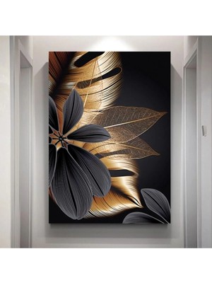 Şehzat Siyah-Altın Modern Yapraklar Kanvas Duvar Tablo
