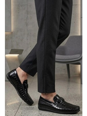 Fosco - Hakiki Deri Siyah Croco Erkek Loafer - 2094