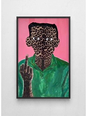 Lamazif Siyah Çerçeveli Modern Sürreal Figüratif Duvar Tablosu – Leopar Desenli Portre Sanat Posteri – Galeri Tarzı Dekor