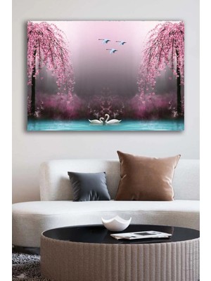 Şehzat Kanvas Tablo Baskılı Dekoratif Kuğulu Göl Pembe Çiçekli Ağaçlar Ev Ofis Otel Dekor Hediyelik Tablo
