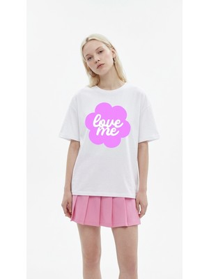 Hoxie Kadın Beyaz Oversize 'Love Me' Baskılı Bisiklet Yaka T-Shirt