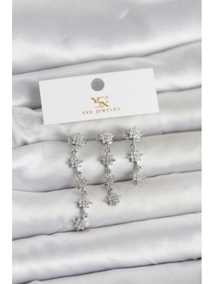 Senka Mey Ithalat® Pirinç Gümüş Renk Sıralı Kutup Yıldızı Model 3'lü Kadın Küpe