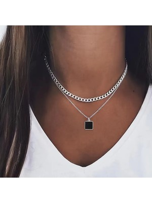 Blue Cat Bijouterie Şık Katmanlı Kolye Seti Geniş Düz Bağlantı Zincir ve Kare Paslanmaz Çelik Kolye