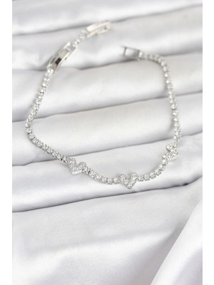 AyrStore Buğz Pirinç Gümüş Renk Kalp Model Zirkon Taşlı Su Yolu Kadın Bileklik