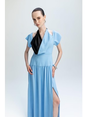 Kameya Kontrast Yaka Detaylı Uzun Elbise