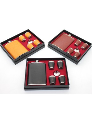 Paslanmaz Çelik 4 Shot Bardaklı Derili Matara Seti Model 1  Veralya Tech