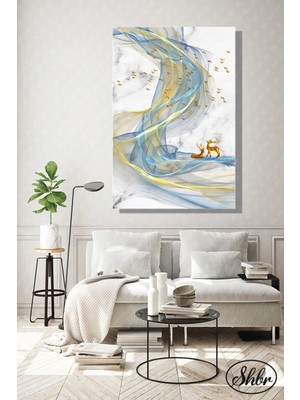 Şehzat Tekli Dikey Kanvas Dekoratif Duvar Tablosu Gold Fonda Soyut Manzara