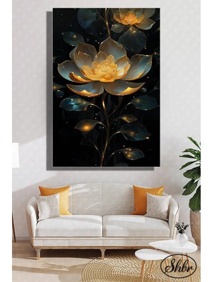 Şehzat Tekli Dikey Kanvas Dekoratif Salon Yatak Odası Mutfak Ofis Duvar Tablosu Gold Efekt Lotus Çiçeği