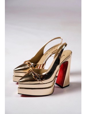 Ayakkabı Ateşi Altın Ayna Çift Platform Tasarım Arka Açık Kadın Yüksek Topuklu Ayakkabı Pacha