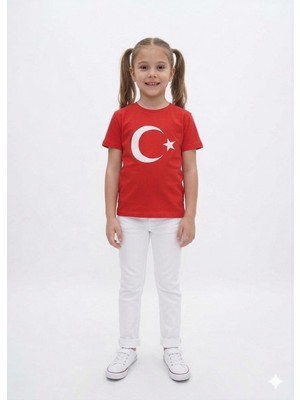 HaanBebe Çocuk Türk Bayraklı Tişört - Kırmızı Kısa Kollu Pamuklu Ay Yıldız Baskılı - 23 Nisan ve Bayram Özel