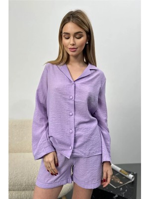 Coccolarsi Effetto Lino Lila Uzun Kol Şort Pijama Takımı