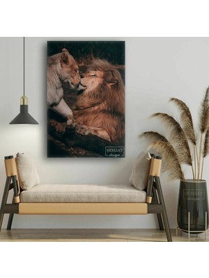 Şehzat Birbirine Yaslanmış Dişi Erkek Aslan Çifti Love Aşk Doğa Dikey Kanvas Tablo