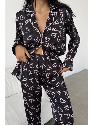 Coccolarsi Cuori Trapezoidali Rosa Saten Uzun Pijama Takımı (Geniş Beden Aralığı)