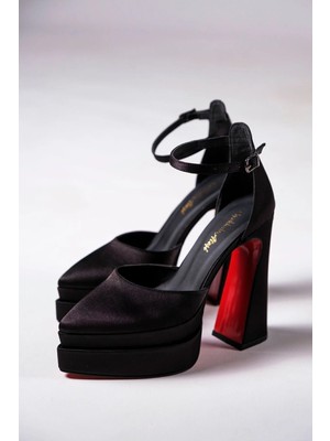 Ayakkabı Ateşi Siyah Saten Özel Tasarım Kadın Ince Topuklu Ayakkabı Regina