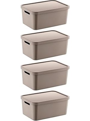 4'lü Set Stafi Çok Amaçlı Kapaklı Kutu Terra 4,5 Lt - Bej, Çok Amaçlı Kapaklı Kutu, Ev-Ofis-Depo Için, Kapaklı Saklama Kutusu