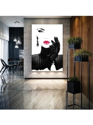 Şehzat Kırmızı Rujlu Eli Çenesinde Duran Güzel Kadın Kuaför Makyaj Dekor Kanvas Tablo AR030117